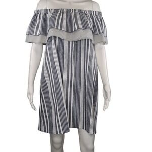 Umgee Blue & White Striped‎ Off Shoulder Mini Dress